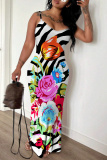 White Graphics Print Backless Sleeveless Spaghetti Strap Floor Length Long Baggy Vacation Maxi Slip Dresses