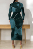 Teal Distressed Faux Denim Print O Neck Long Sleeve Casual Outing Distressed Bodycon Pencil Maxi Dress