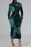 Teal Distressed Faux Denim Print O Neck Long Sleeve Casual Outing Distressed Bodycon Pencil Maxi Dress