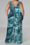 Teal Distressed Faux Denim Print V Neck Sleeveless Vacation Casual Plus Size Wide Leg Cami Jumpsuits