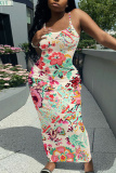 Apricot Graphics Print Sleeveless Backless Spaghetti Strap Casual Bodycon Maxi Slip Dresses