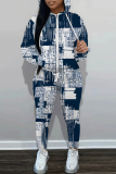 White Blue Graphics Print Hooded Long Sleeve Sweatshirt And Sweatpants Fall Winter Sportwear Two Pieces Sweatsuits Sets