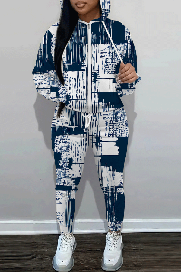 White Blue Graphics Print Hooded Long Sleeve Sweatshirt And Sweatpants Fall Winter Sportwear Two Pieces Sweatsuits Sets