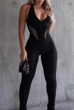 Black Sleeveless Backless Hollow Out Sportwear Yoga Skinny Halter Jumpsuits