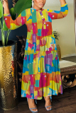 Army Green Graphics Print O Neck 3/4 Sleeve Buttons Ruffle Hem Vacation Casual Maxi Dresses
