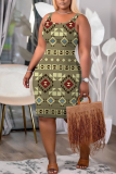 Navy Graphics Print Sleeveless U Neck Casual Outing Plus Size Bodycon Midi Vest Dresses