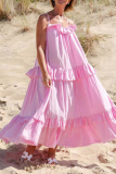 White U Neck Sleeveless Flounce Ruffle Trim Vacation Maxi Slip Dresses