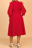 Red Beading Stringy Selvedge O Neck Lantern Sleeve Formal Evening Party Prom Wedding Guest Plus Size Pleated Maxi Dresses