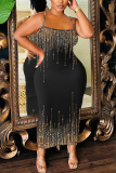 Black Graphics Print Sleeveless Backless Spaghetti Strap Casual Bodycon Shimmer Maxi Slip Dresses
