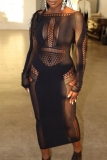 Black See-Through O Neck Long Sleeve Hollow Out Night Club Bodycon Maxi Dresses