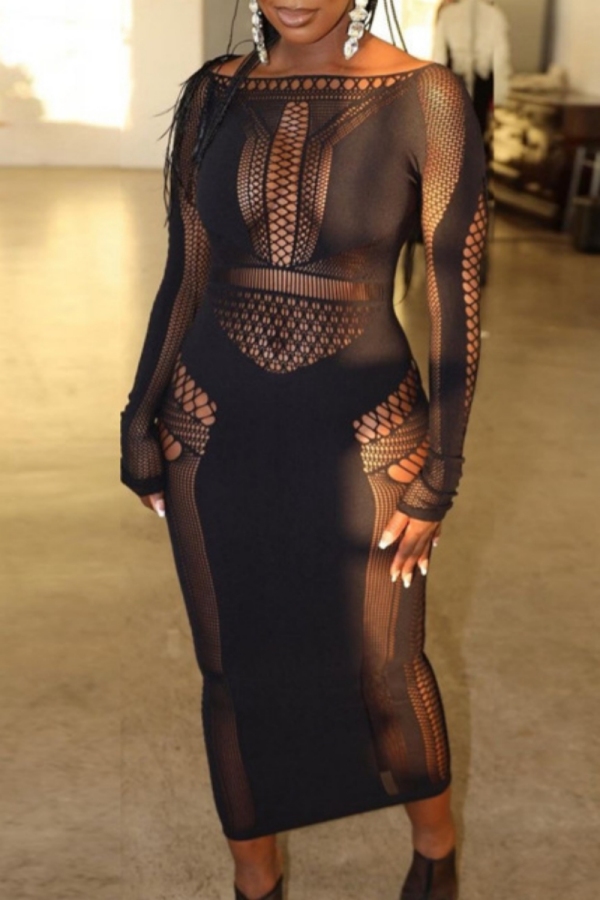 Black See-Through O Neck Long Sleeve Hollow Out Night Club Bodycon Maxi Dresses