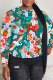 Red Floral Print O Neck Long Sleeve Fall Winter Casual Sweatshirt Tops