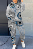Lake Blue Graphics Print Long Sleeve Hooded Sweatshirt And Skinny Pant Casual Sportwear Plus Size Two Piece Jogger Set