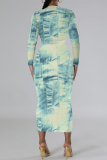 Apricot Blue Distressed Faux Denim Print O Neck Long Sleeve Casual Outing Distressed Bodycon Pencil Maxi Dress