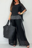 Grey Sequins O Neck Half Sleeve Chiffon Blouse And Wide Leg Pants Vacation Casual Two Pieces Trouser Sets