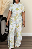 Multicolor Graphics Print Round Neck Short Sleeve T-shirt and Wide Leg Pants Two Pieces Trouser Sets
