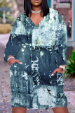 Dark Brown Graphics Print V Neck Long Sleeve Ankle Length Casual Outings Plus Size Straight Loose Pocket Tunic Maxi Dress
