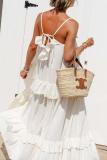 White U Neck Sleeveless Flounce Ruffle Trim Vacation Maxi Slip Dresses