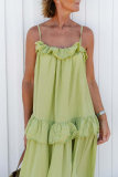 White U Neck Sleeveless Flounce Ruffle Trim Vacation Maxi Slip Dresses