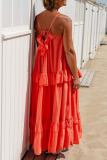 White U Neck Sleeveless Flounce Ruffle Trim Vacation Maxi Slip Dresses