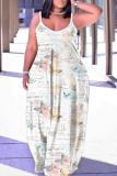 Dark Green Graphics Print Backless Spaghetti Strap Sleeveless Vacation Loose Long Maxi Slip Dresses