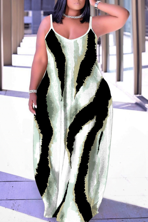 Dark Green Graphics Print Backless Spaghetti Strap Sleeveless Vacation Loose Long Maxi Slip Dresses