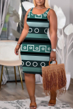 Navy Graphics Print Sleeveless U Neck Casual Outing Plus Size Bodycon Midi Vest Dresses