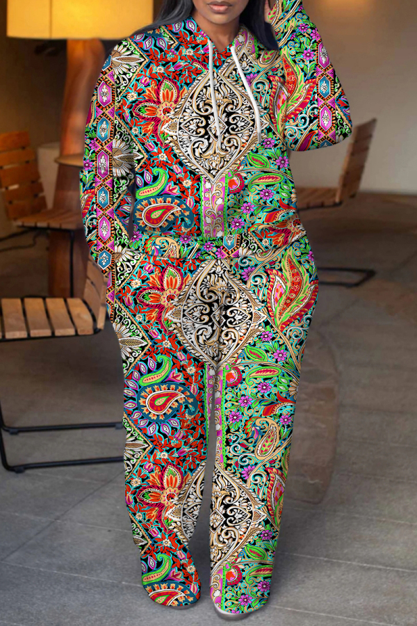 Multicolor Boho Graphics Print Hooded Long Sleeve Sweatshirt And Sweatpants Fall Winter Two Pieces Sweatsuits Sets
