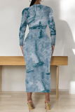 Teal Distressed Faux Denim Print O Neck Long Sleeve Casual Outing Distressed Bodycon Pencil Maxi Dress
