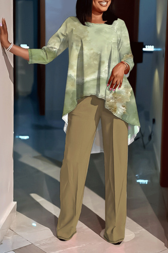 Light Army Green Graphics Print O Neck 3/4 Sleeve Irregular Hem Tops And Pants Formal Office Lady Casual Two Pieces Trouser Sets