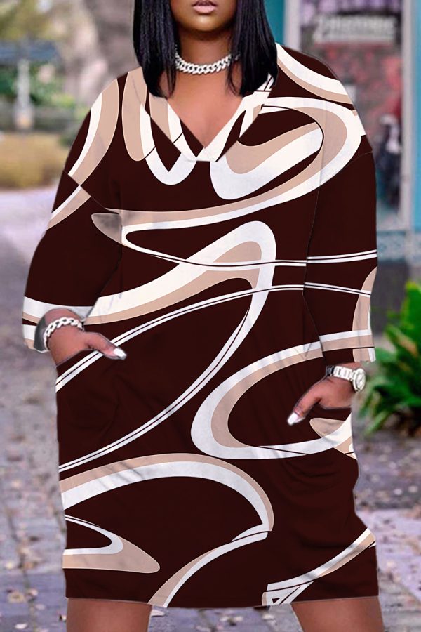 Dark Brown Graphics Print V Neck Long Sleeve Ankle Length Casual Outings Plus Size Straight Loose Pocket Tunic Maxi Dress