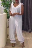 Blue Sleeveless V Neck Draw String Lace Up Casual Loose Vacation Jumpsuits