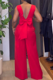 White Bow Decor V Neck Backless Sleeveless Vest And Wide Leg Pants Formal Office Lady Two Pieces Trouser Sets