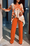 Light Army Green Graphics Print O Neck 3/4 Sleeve Irregular Hem Tops And Pants Formal Office Lady Casual Two Pieces Trouser Sets