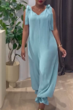 Blue Sleeveless V Neck Draw String Lace Up Casual Loose Vacation Jumpsuits