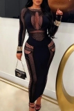 Black See-Through O Neck Long Sleeve Hollow Out Night Club Bodycon Maxi Dresses