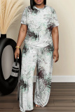 Multicolor Graphics Print Round Neck Short Sleeve T-shirt and Wide Leg Pants Two Pieces Trouser Sets