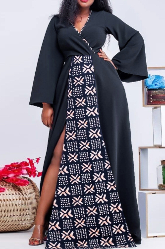 Navy Blue Graphics Print V Neck Flare Sleeve Side Slit Plus Size Casual Vacation Maxi Dresses