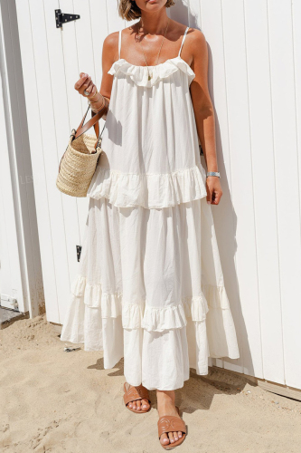 White U Neck Sleeveless Flounce Ruffle Trim Vacation Maxi Slip Dresses