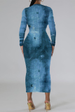 Apricot Blue Distressed Faux Denim Print O Neck Long Sleeve Casual Outing Distressed Bodycon Pencil Maxi Dress