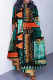 Red Graphcis Print O Neck 3/4 Sleeve Belted Waist Casual Outing Plus Size Straight Loose Maxi Dresses
