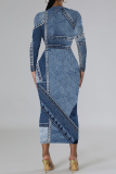 Teal Distressed Faux Denim Print O Neck Long Sleeve Casual Outing Distressed Bodycon Pencil Maxi Dress