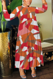 Army Green Graphics Print O Neck 3/4 Sleeve Buttons Ruffle Hem Vacation Casual Maxi Dresses