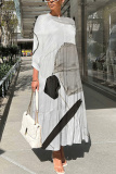 Earthy Yellow Graphics Print Button Collar 3/4 Sleeve Ruffle Hem Loose Vacation Casual Pleated Maxi Dresses