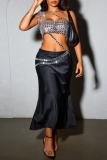 Silver Hot Drill Sleeveless Backless Oblique Collar See-Through Night Club Cami Crop Tops