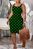 Multicolor Plaid Print Sleeveless U Neck Casual Outing Plus Size Bodycon Midi Vest Dresses