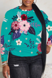 Blue Floral Print O Neck Long Sleeve Fall Winter Casual Sweatshirt Tops