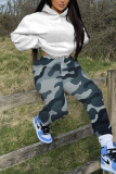 Grey Camouflage Print Hooded Long Sleeve Sweatshirt And Sweatpants Fall Winter Sportwear Two Pieces Sweatsuits Sets