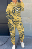Green Graphics Print Long Sleeve Hooded Sweatshirt And Skinny Pant Casual Sportwear Plus Size Two Piece Jogger Set
