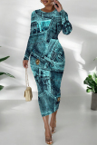 Teal Distressed Faux Denim Print O Neck Long Sleeve Casual Outing Distressed Bodycon Pencil Maxi Dress